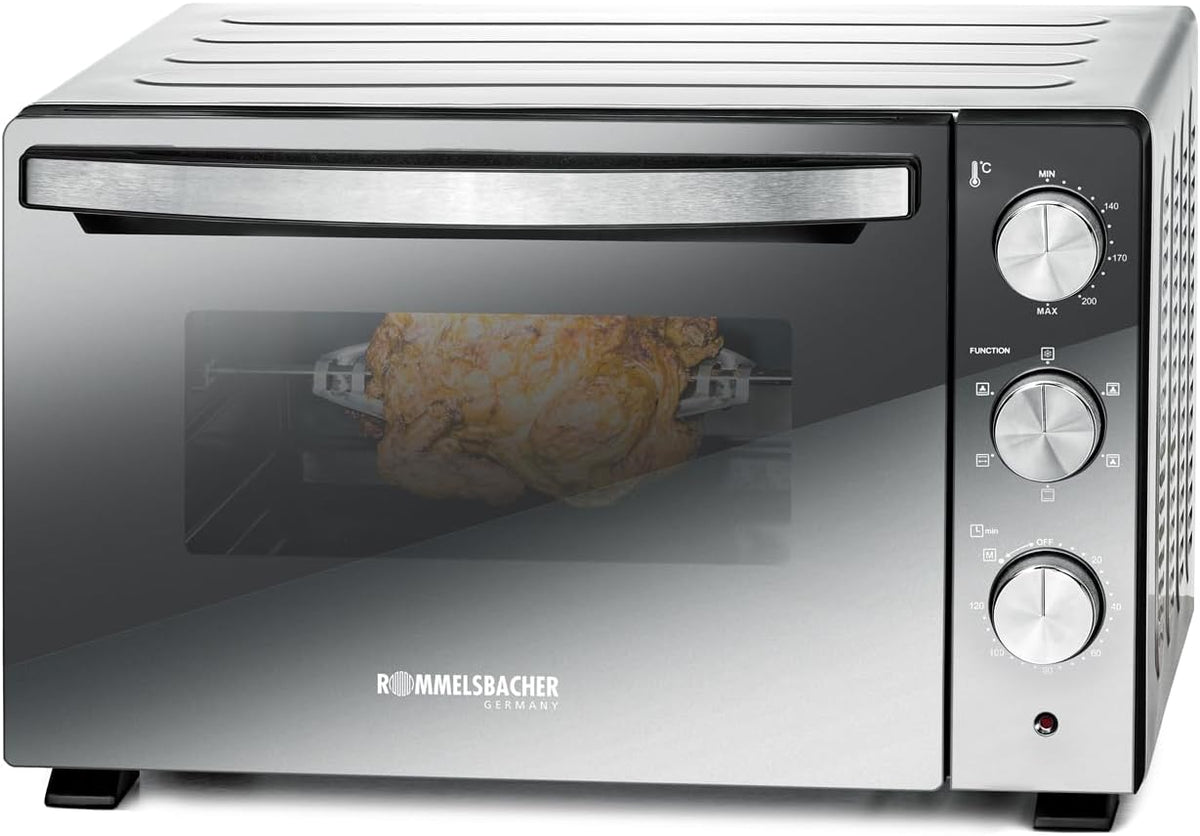 Rommelsbacher Horno de convección, Back & Grill BGS 1500 - Horno de bajo consumo y eficiente, antiadherente, 6 tipos de calor, pincho giratorio