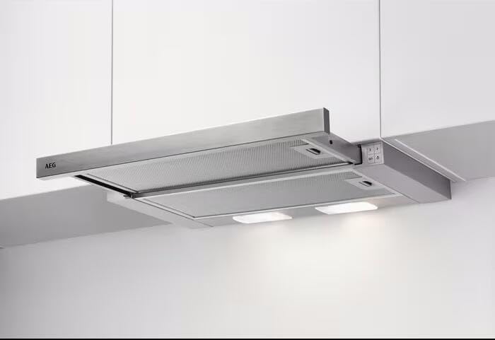 DPS362AS de AEG, campana extractora, Campana extractora de pantalla plana, salida o recirculación, 60 cm, gris, máx. 215 m³/h/min. 58, máx. 71 dB (A)