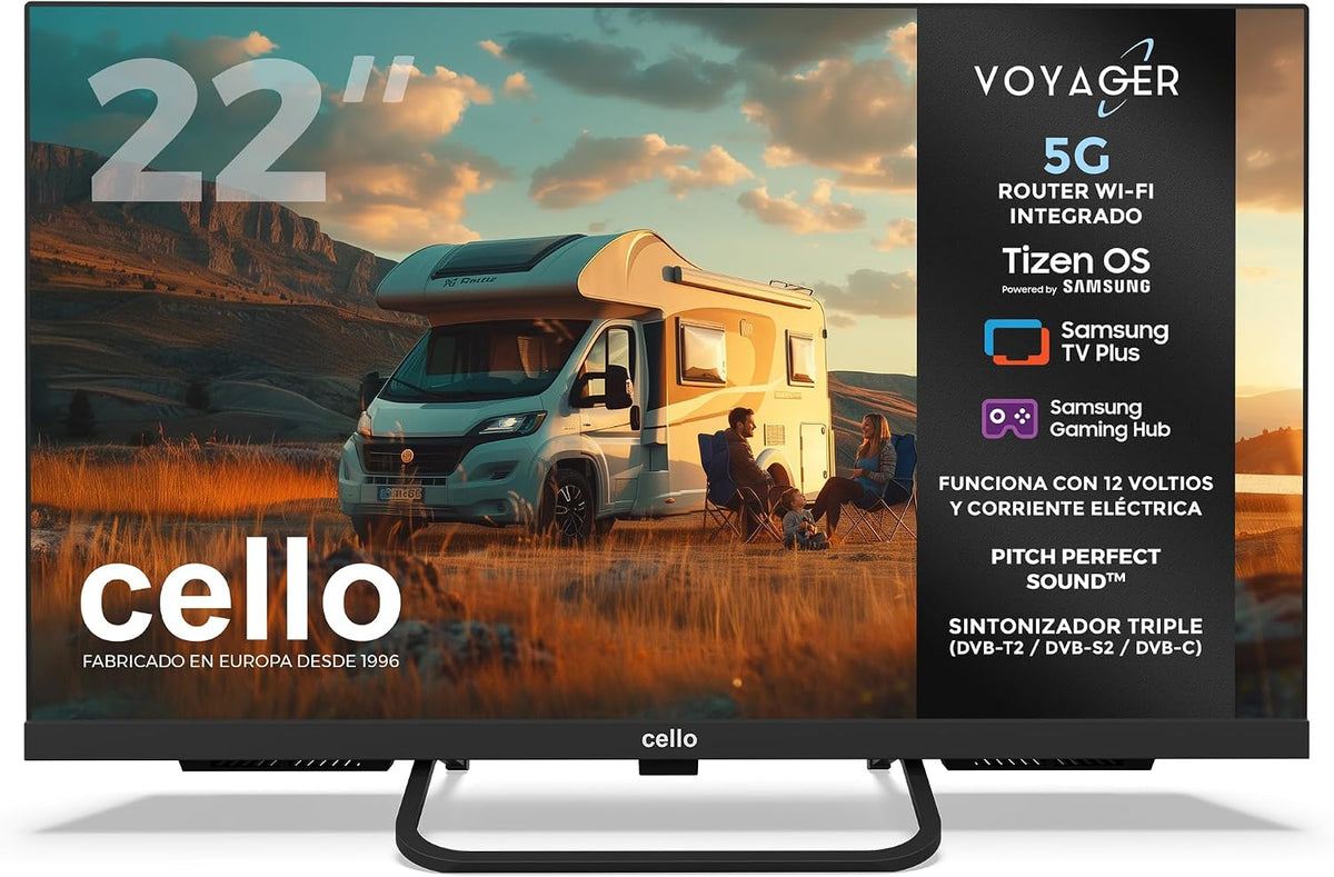 Televisor Cello, Voyager C22TZR-VOY TV Traveller Smart 12V de 22' con Router Wi-Fi 5G y Hotspot Integrados, Tizen OS de Samsung, Internet en Cualquier
