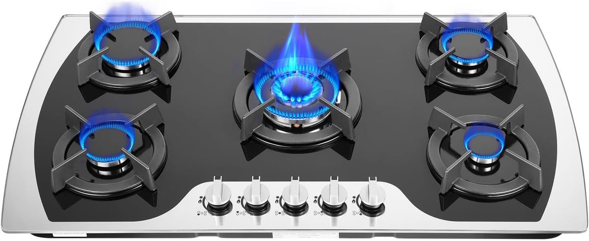 Placa de cocina de MccoMMon, Cocina de gas de 5 zonas, 90 cm, autosuficiente, 5 focos, gas natural/propano, para cocina comercial en hogares o