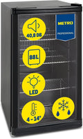 Mini frigorífico GPC 1088, nevera pequeña con puerta de cristal, 88 L, negro, 1.052 kWh/24h, con estante ajustable para gastronomía, restaurant