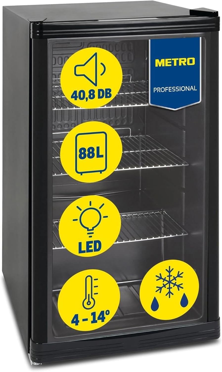 Mini frigorífico GPC 1088, nevera pequeña con puerta de cristal, 88 L, negro, 1.052 kWh/24h, con estante ajustable para gastronomía, restaurant