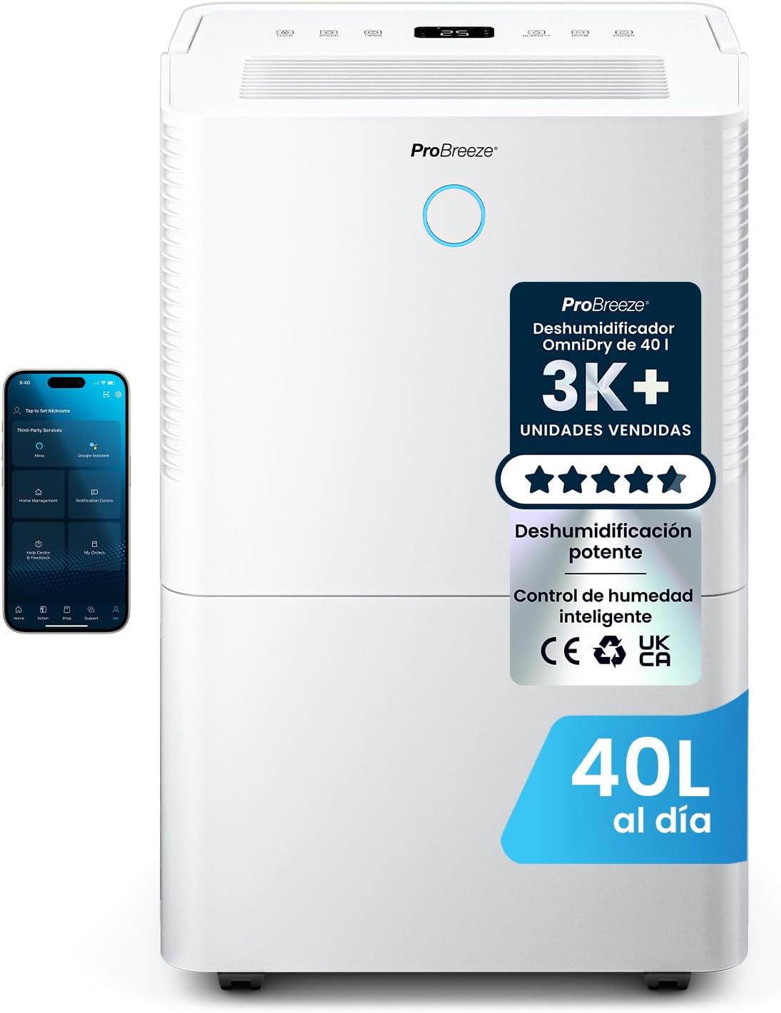Deshumidificador de Pro Breeze, ® deshumidificador inteligente 40L/día con Wi-Fi, sensor automático, modo ropa, temporizador 24h y drenaje continuo