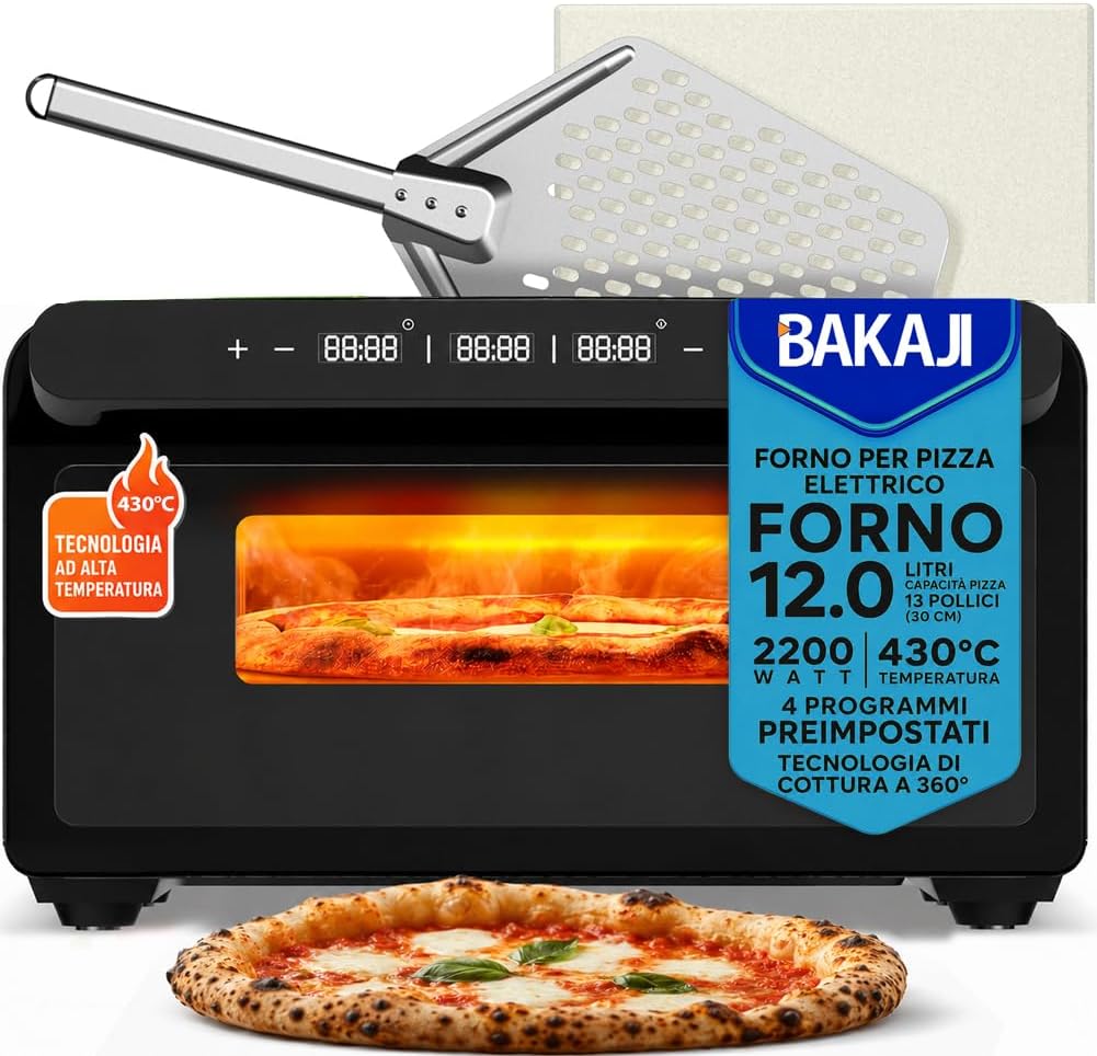 BAKAJI Hornos individuales para pizza, Horno eléctrico para pizza, potencia 2200 W, piedra refractaria de 32 cm, cocción en 3 minutos, calor homogéneo