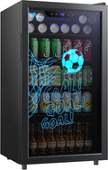 Upstreman Mini frigorífico, Frigorífico de Bebidas 91 L, Mini Nevera con Puerta de Vidrio Doble, LED con Diseño de Fútbol, 4 Estantes Extraíbles