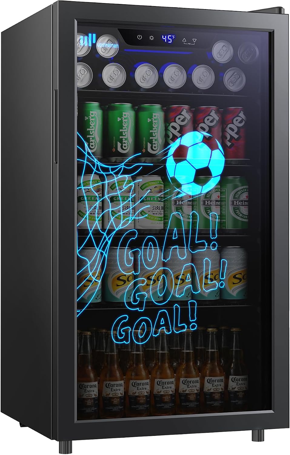 Upstreman Mini frigorífico, Frigorífico de Bebidas 91 L, Mini Nevera con Puerta de Vidrio Doble, LED con Diseño de Fútbol, 4 Estantes Extraíbles