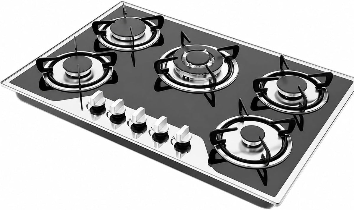 Placa de cocina HIKUUER, Encimera de gas de 5 fuegos, de cristal, empotrable, 5 llamas, alta eficiencia, 77 x 51 x 7 cm, GLP, gas natural, encendido