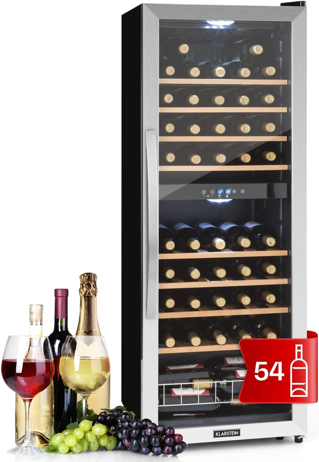 Vinoteca 54 Botellas, Nevera Vinos de Dos Zonas Refrigeración, Nevera Expositora Vino y Cerveza, Vinoteca Interior y Exterior con Puerta de Cristal