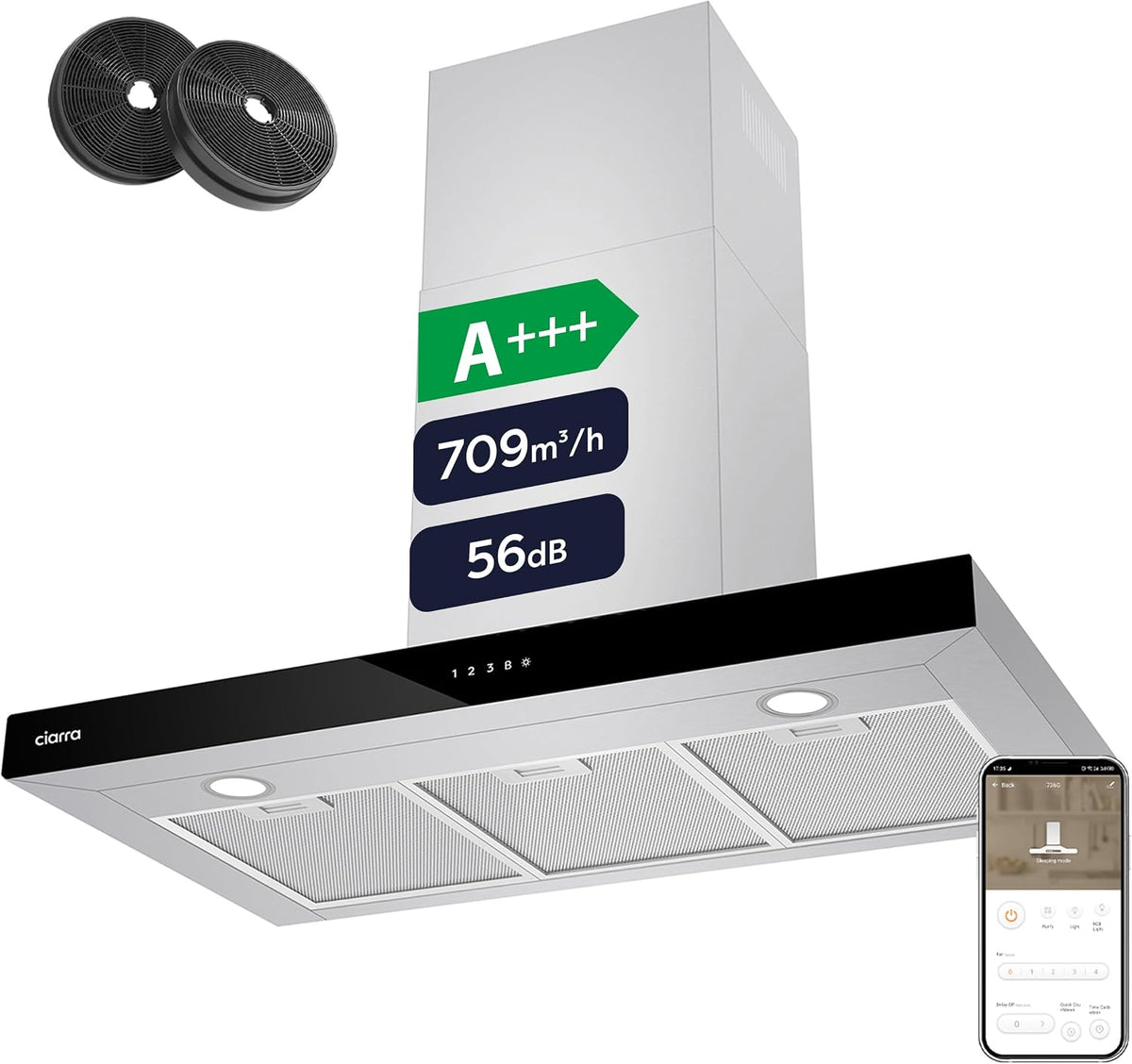 Campana extractora CIARRA, CBCS9102 Campana Extractora 90 cm Clase A+++ 709 m³/h WiFi