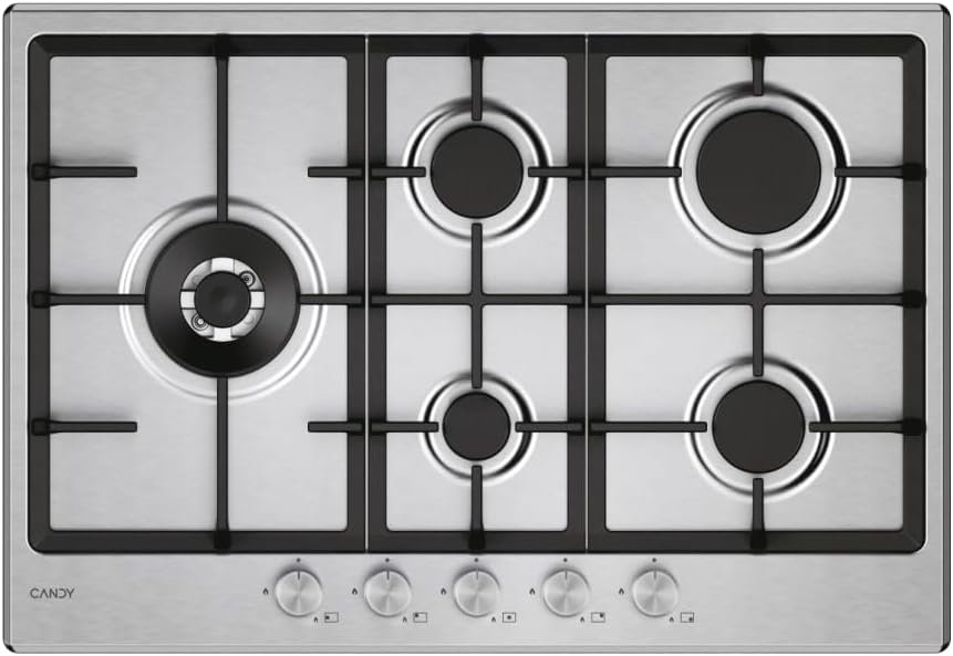 Placa de cocina CANDY, Moderna placa de cocción a gas de 5 fuegos, acero inoxidable, quemador de doble corona, parrillas lavables en lavavajillas