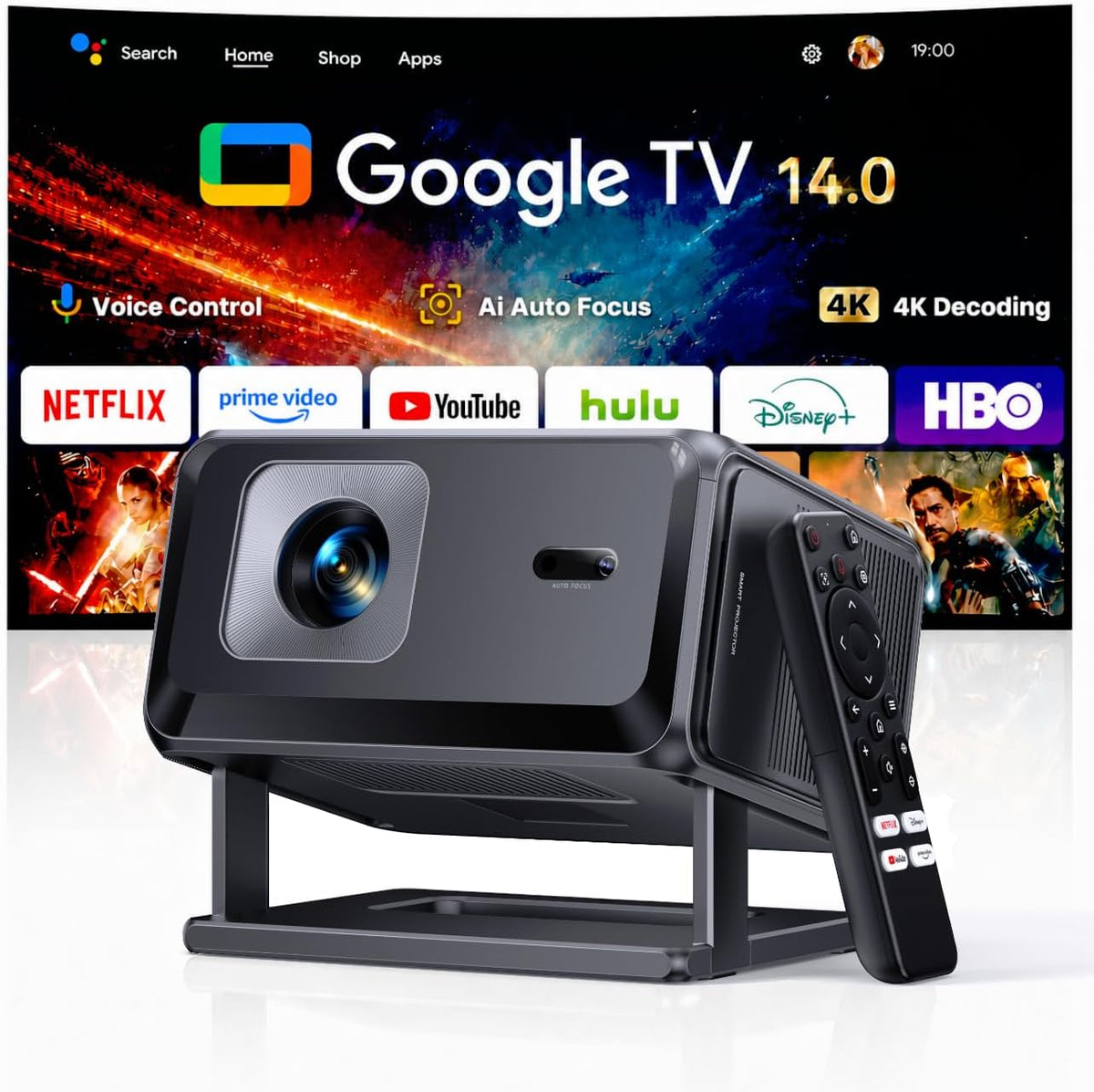 TOPTRO 1080P Proyector, 4K [Google TV 14.0 y Dolby Audio] Proyector portátil FHD, Enfoque automático y corrección Trapezoidal, WiFi 6 BT 5.4