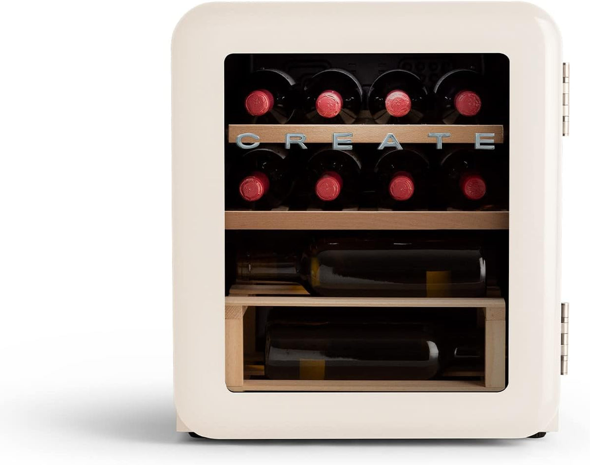 CREATE Vinoteca, / WINECOOLER Retro M/Vinoteca eléctrica de 12 Botellas Blanco Roto/Diseño Retro, Temperatura Regulable, 48L, Botellas 75cl, Eco