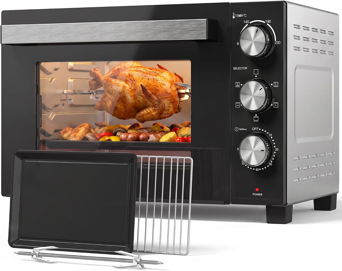 HOMCOM Hornos tostador, Mini horno de 36 L con convección, asador giratorio y precalentamiento, temperatura ajustable 90-230 °C, temporizador 60 min