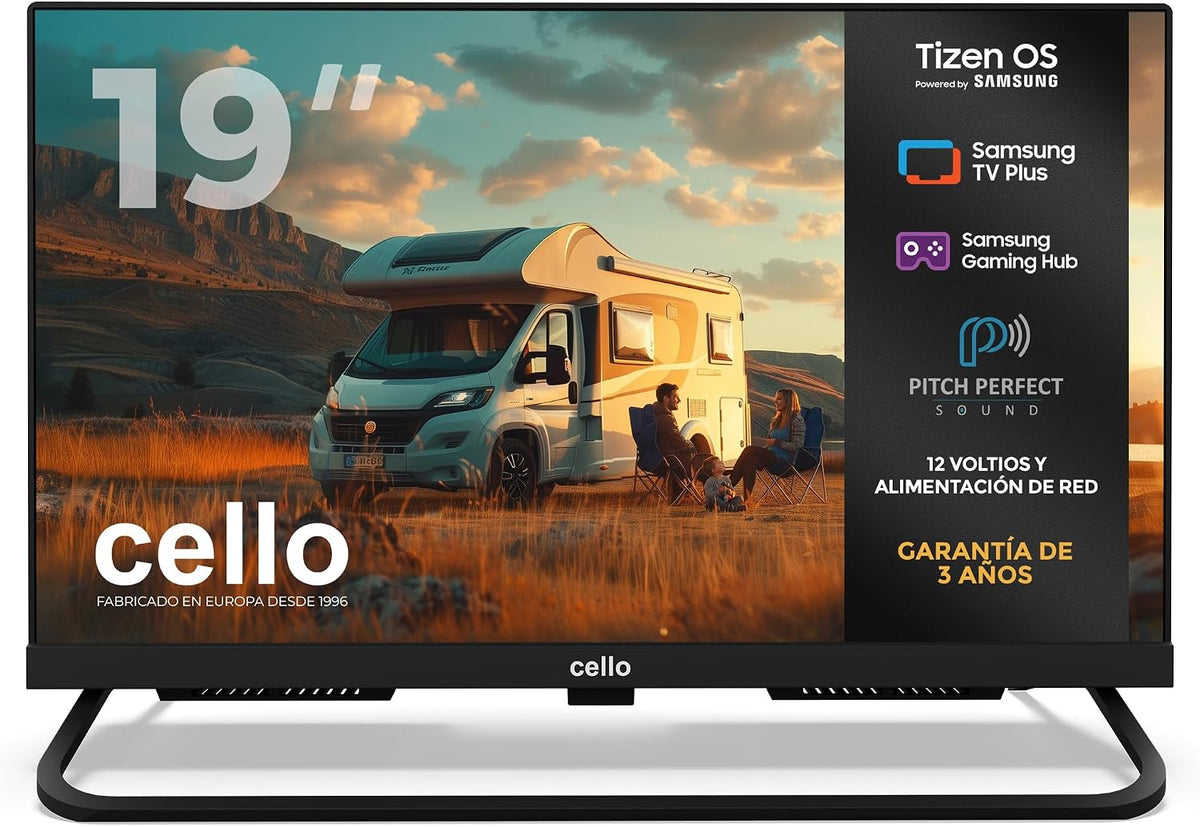 Cello CTRAV-19TZ Televisor, Smart TV 19' 12V para Autocaravana y Camping, Tizen OS de Samsung, Gaming Hub, Altavoces Pitch, Bluetooth, Triple