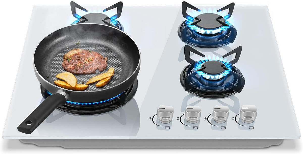 Placa de cocina TopStrong, cocción con 4 fuegos de gas, TopStrong de cristal empotrable de 60 cm, hornillo de gas natural/propano, cristal blanco