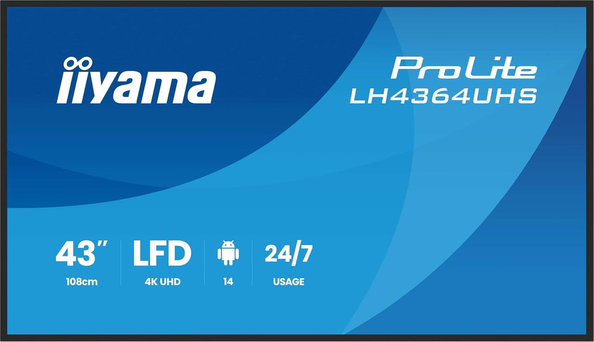 iiyama Monitor, Prolite LH4364UHS-B1AG - Pantalla de señalización digital VA LED 4K UHD HDMI USB-C USB 2.0 RS-232c RJ45 Android 14 OS iiSignage² WiFi