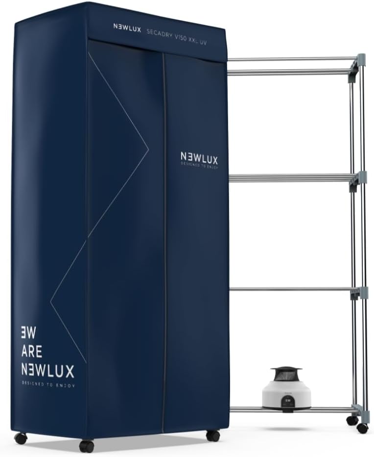 Newlux Secadora con bomba de calor, Secadora de Ropa Eléctrica Portátil Secadry Azul con Luz UV para Desinfectar. Capacidad 15Kg, Temp. 180min, 4
