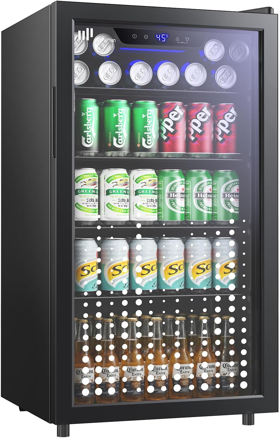 Upstreman Mini frigorífico, Frigorífico de Bebidas 91 L, Mini Nevera con Puerta de Vidrio Doble, Iluminación LED, 4 Estantes Extraíbles, 0-15℃, para