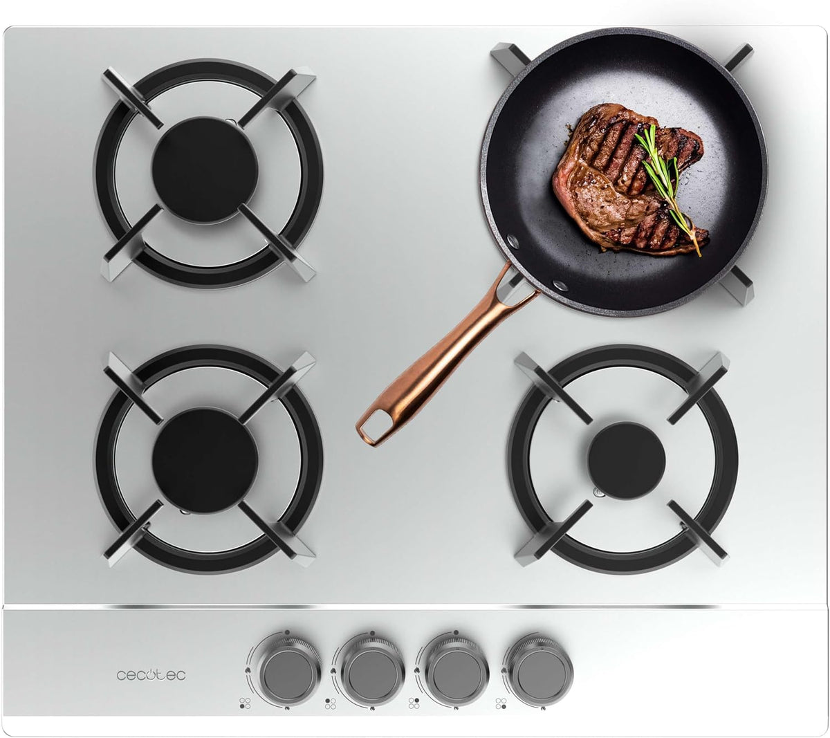 Placa de cocina Cecotec, Gas 4 Fuegos Bolero Squad GN 4200S Inox. 8kW, Preparada para Gas Natural, Acero Inoxidable, Parrillas Individuales de Hierro